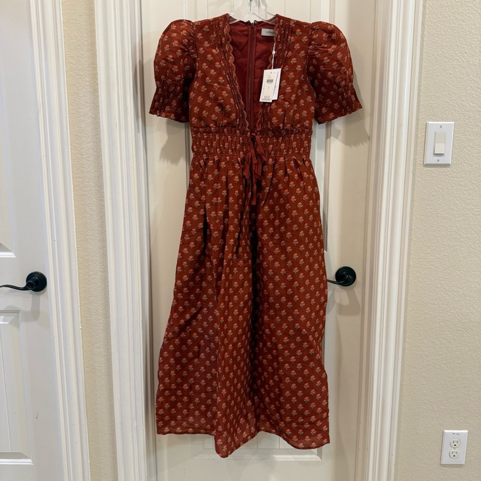 Lovaan Boehm Linen-Silk Puff-Sleeve V-Neck Midi Dress — image 6 of 8